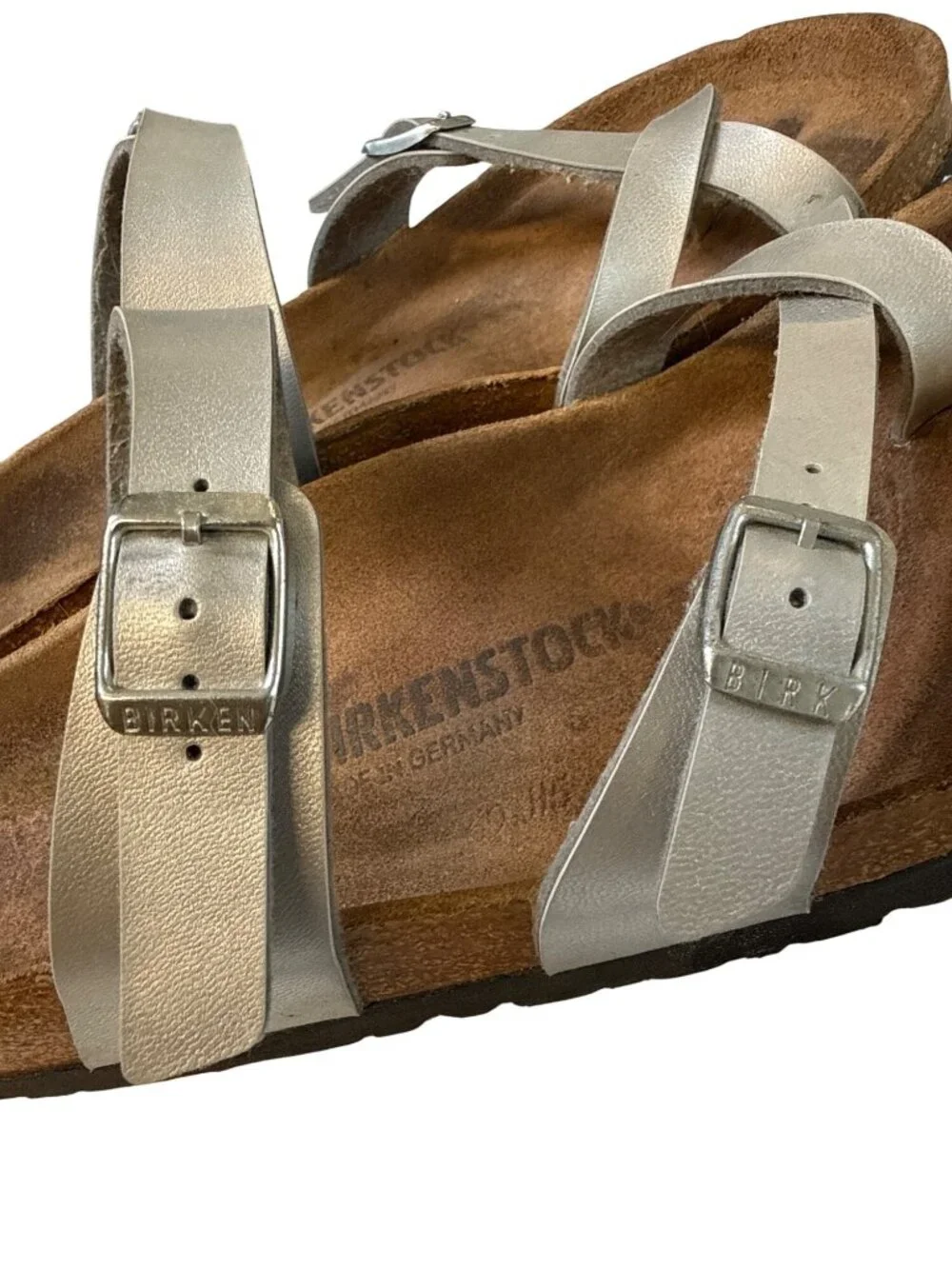 Birkenstock Mayari Birko-Flor Leather Sandals~Size 8~Silver Criss Cross P19 09